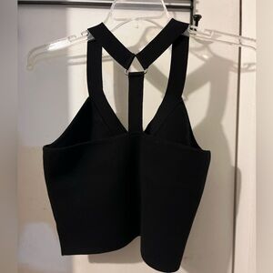Express-size L- black crop knit top with Y-shape straps. Unworn.